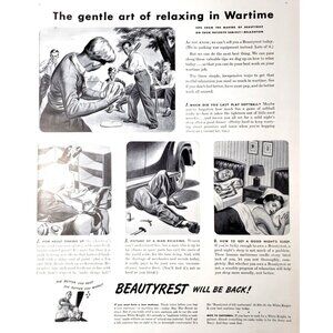 PRINT AD 1943 Beautyrest Mattresses Relaxing in Wartime WWII Buy War Bonds